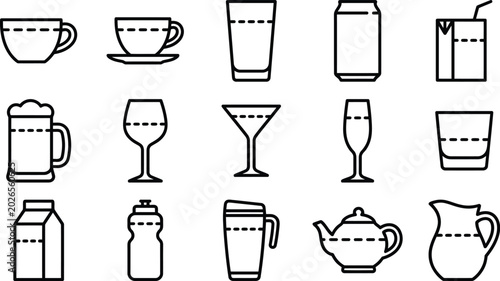Bild auf Leinwand Black and white line of various drinkware and beverage containers saucer glass j