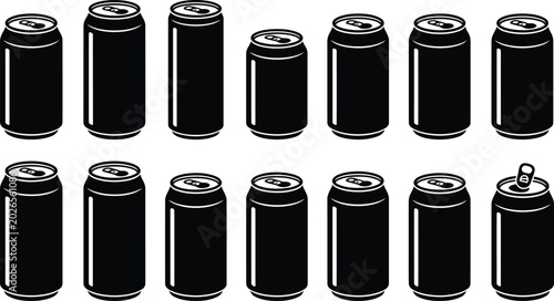 Black and white of thirteen soda cans, two rows, one open with tab beverage drink