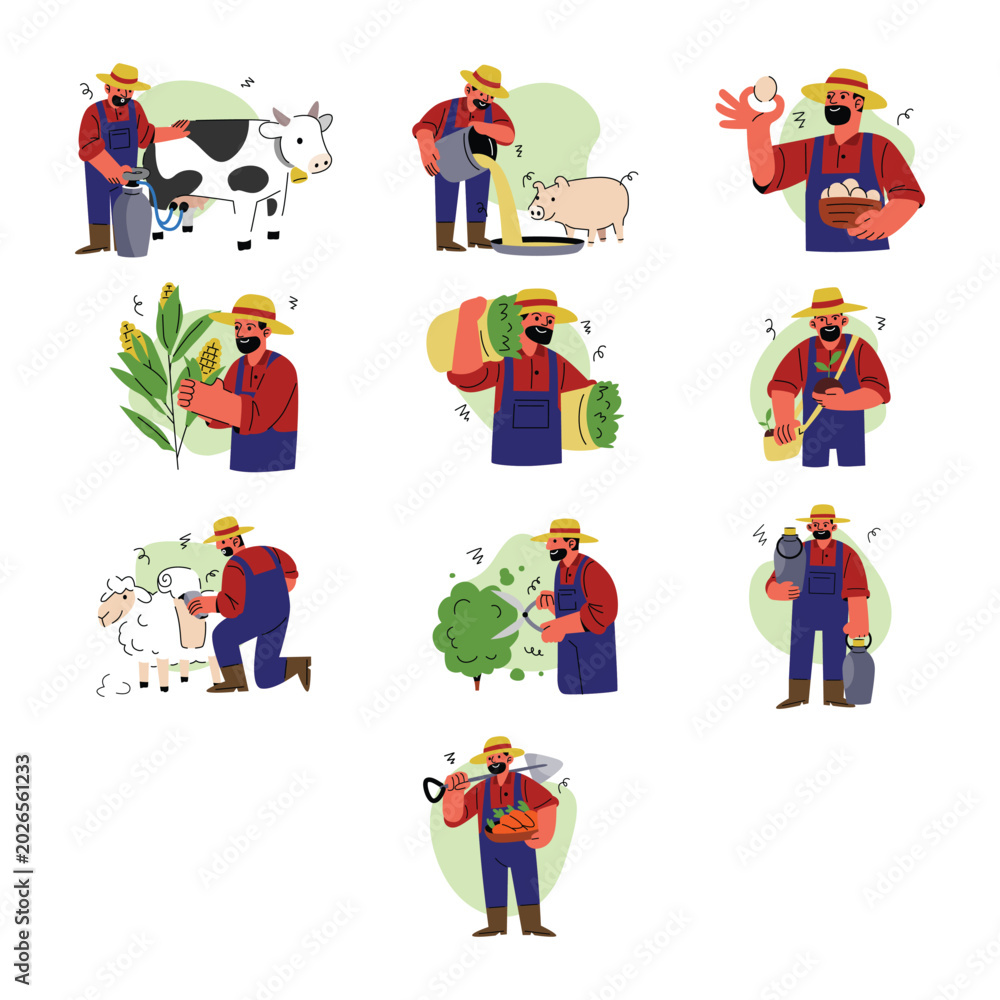 Fototapeta premium Modern Farmer Livestock And Harvest Illustration Set