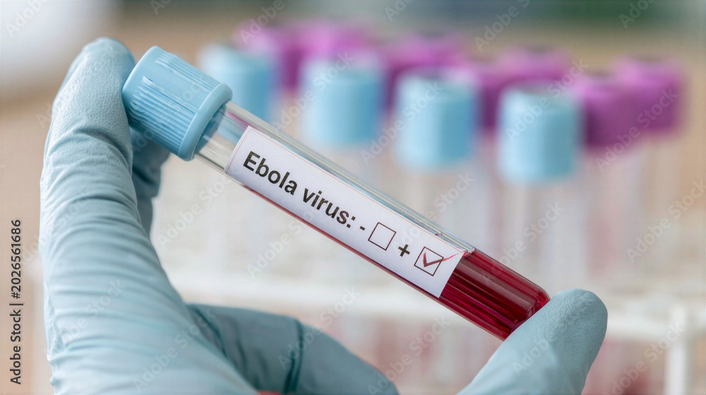 Obraz premium Ebola virus blood sample in gloved hand, medical laboratory test vial