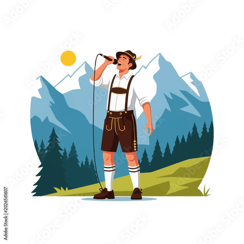 Vector illustration of a man in traditional Bavarian lederhosen and Tyrolean hat yodeling into a microphone with snowy Alpine mountains, evergreen trees, and sun in the background.