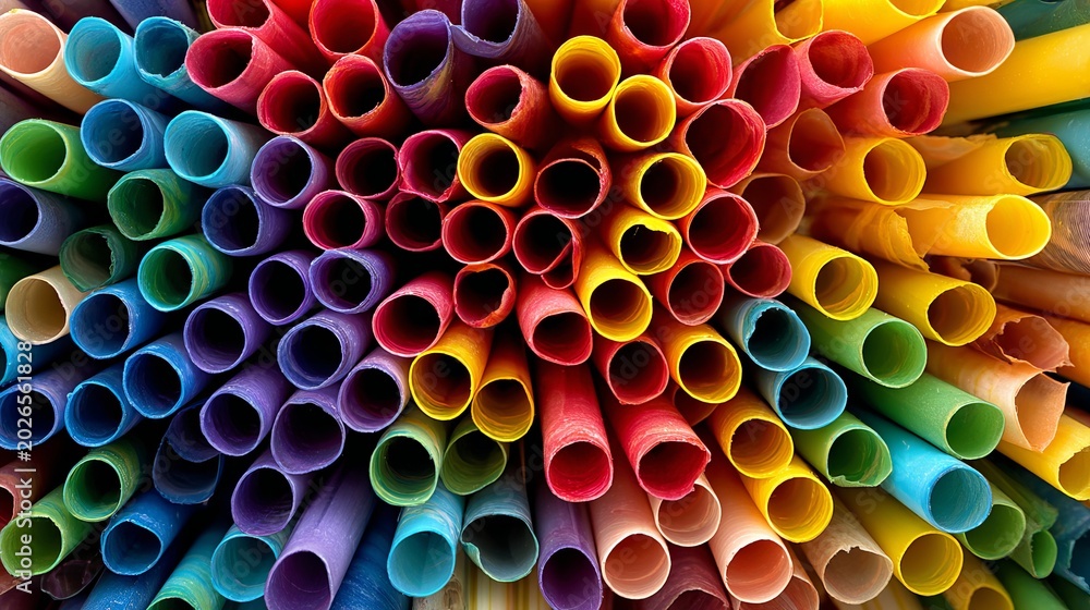 Obraz premium A vibrant collection of colorful paper straws arranged in a rainbow pattern