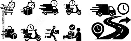 Εκτύπωση καμβά Collection of fast delivery icons including trucks, scooters, and people rushing with packages and clocks, symbolizing rapid shipping and logistics