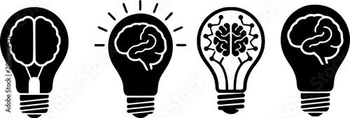 Photos Four black and white light bulb icons with brain and idea concepts on white background, representing innovation and creativity in business, science, and technology
