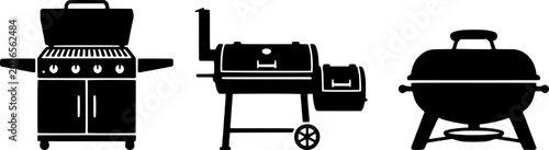 Konstfotografi Three black silhouettes of different barbecue grills, including gas, charcoal, and smoker models, on a white background