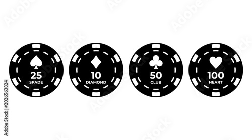 Poker chips set with hearts club diamond spade symbols and numbered values for casino gambling UI featuring suit icons, heart, 25 with 50 and 10