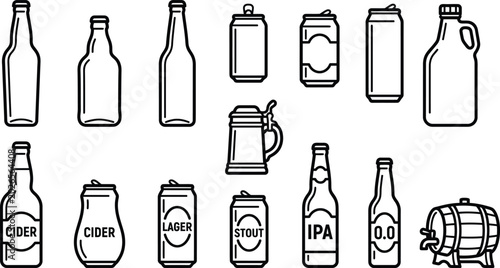 Photos Black outline of beer bottles, cans, kegs, and stein on white background, cider
