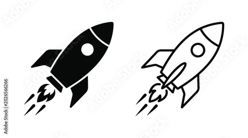 Cuadro en lienzo Two rocket ship silhouettes with flame trails on a white background silhouette