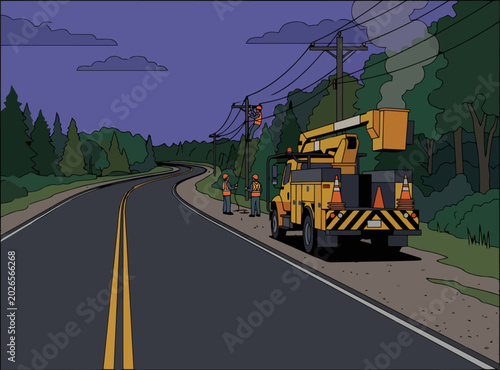 Foto Emergency power grid repair underway at night