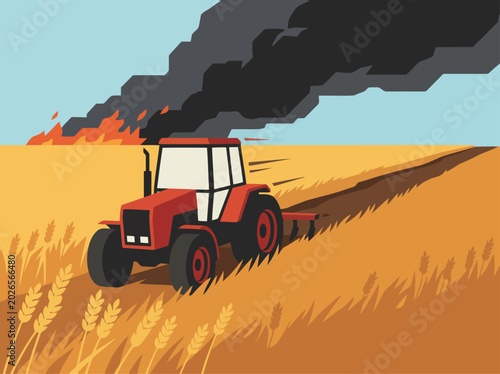 Φωτογραφία A red tractor plows a field with a controlled agricultural firebreak