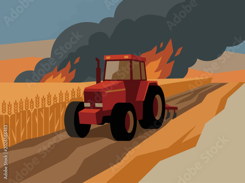 Canvas Print A red tractor navigates a field ravaged by a wildfire