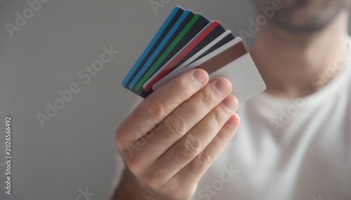 Close up of man hand holding fan of plastic cards, finance and payment