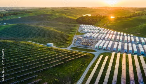View of valley at sunset covered with large solar panel farm and battery storage containers accumulating and storing energy, renewable energy and sustainable technology