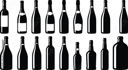 Collection of black wine bottle silhouettes with white labels on a white background, black bottle beverage container