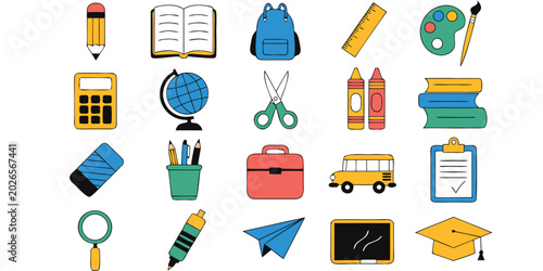Set of colorful school icons and educational elements in grid layout for student learning and classroom activities.