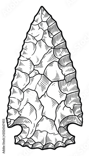 Engraved stone arrowhead depicting primitive hunting tools for historical and educational use