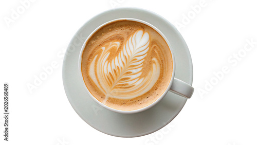 Canvastavla A round white porcelain ceramic cup of hot latte cappuccino coffee with foam art