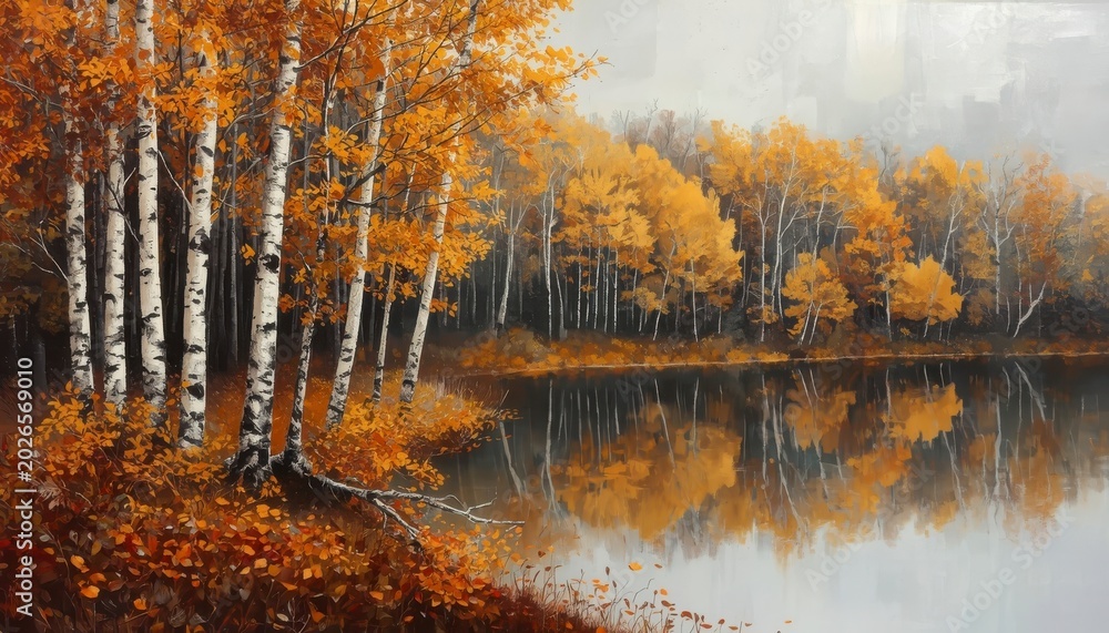 Fototapeta premium A professional palette knife oil painting of a serene birch tree forest in peak autumn foliage reflected in a calm lake.