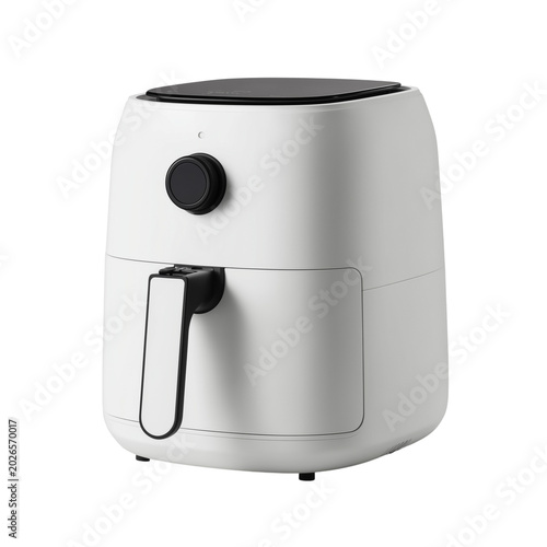 Modern white air fryer household appliance isolated on transparent background, smart electric oil free cooker for healthy frying baking roasting and oil less convenient cooking