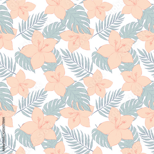 Beautiful seamless tropical pattern with pastel flowers and green leaves