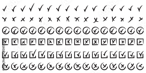 Fotografie Check tick mark icon set, hand drawn doodle red cross box x check mark green checkbox v, sketch marker checklist symbol right and wrong set - for stock