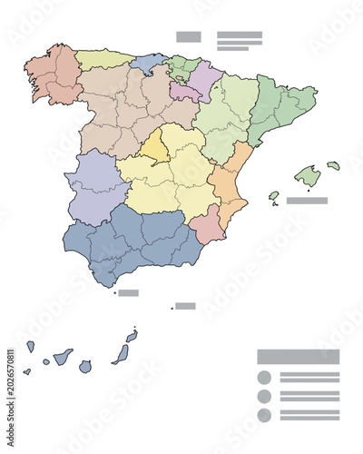 Minimal Spain provinces map vector illustration with autonomous communities, political borders and pastel color regions in clean modern infographic cartography style