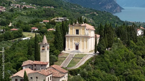Aerial view of European culture and sacred architecture at the village center of Gaino Toscolano Maderno
