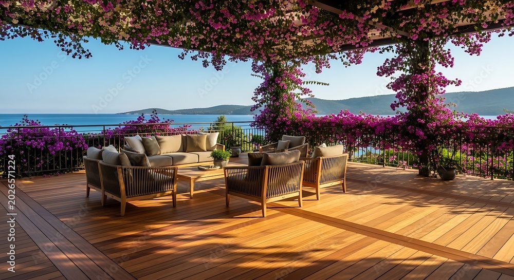 Fototapeta premium Luxurious outdoor patio with comfortable seating under a bougainvillea-covered pergola, overlooking a serene blue sea and distant coastline.