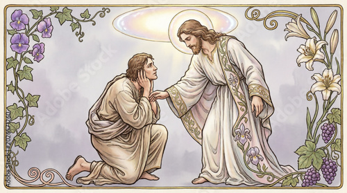 Jesus tenderly heals a deaf man with divine holy light, restoring sound through miraculous grace.