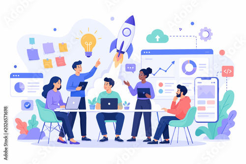 Startup Teamwork and Business Innovation Workspace Illustration