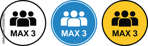 Tableau sur toile Maximum three people capacity icon set, group badge symbol representing occupancy limit safety regulation public rule and social distancing signage design