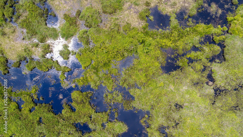 Aerial overhead perspective of highly degraded peatland showing chronic wildfire scars and pools