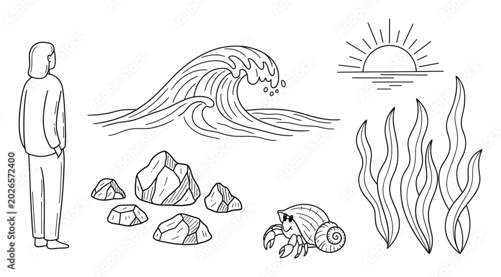 Obraz premium Hand drawn outline elements for ocean and nature themes including a person and waves