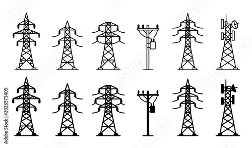 Power and Pylon Vector Icon Set Including Electricity Transmission Towers, Power Lines, and High-Voltage Structures for Energy, Engineering, and Stock