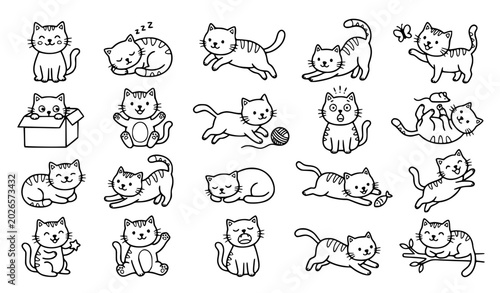 Cute Cats Vector Illustration Set with Various Poses, Expressions, and Activities for Pet Designs, Children’s Books, Stickers, and Stock
