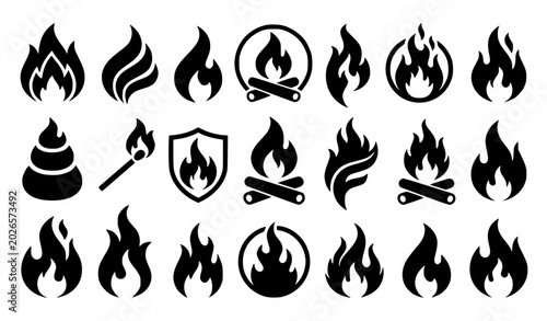 Fire and Flame Vector Icon Set Including Flames, Campfires, and Burning Effects for Safety, Energy, Camping, and Stock Designs