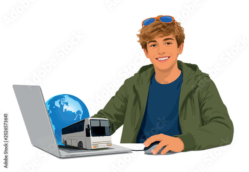 Foto Vsai young man booking bus travel tickets online