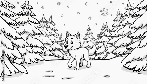 Cute cartoon wolf walking in a snowy forest with pine trees