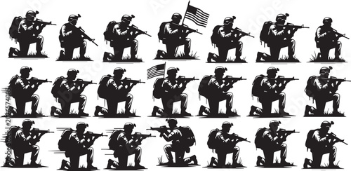 Bild auf Leinwand Soldiers in combat stance with guns and American flag