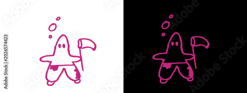 Photography Pink Patrick Star Cartoon Line Art on White and Black Background