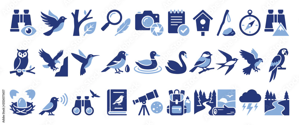 Obraz premium Set of birdwatching and nature exploration vector icons for graphic projects and educational