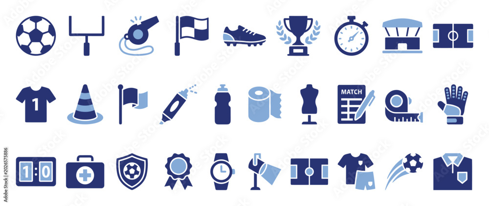 Fototapeta premium Set of soccer and football equipment vector icons for sports web apps and branding projects