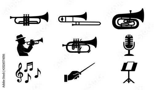 Foto Musical Instrument Icon Vector Set Including Trumpets, Trombones, Horns, Tubas,