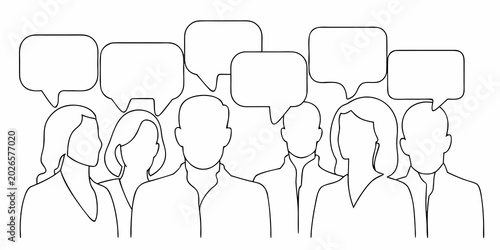 group of people with speech bubbles line drawing on white background