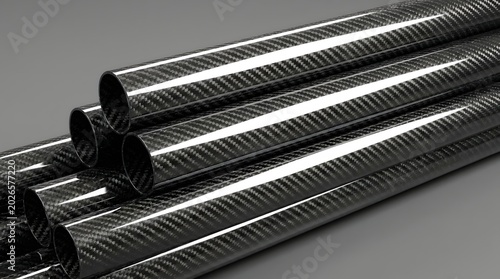 A stack of shiny carbon fiber tubes on a gray surface on transparent background
