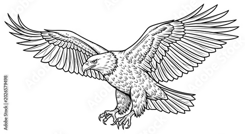 Black and white line drawing of a flying majestic eagle
