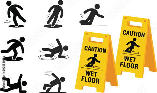 Foto Wet floor caution signs and slipping icons