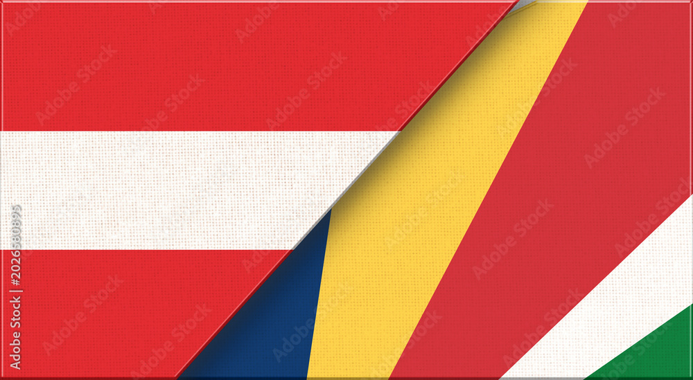 Fototapeta premium Austrian and Seychellois flags in one. Austria - Seychelles relations.