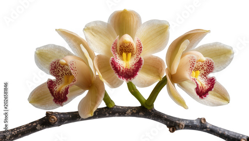 Φωτογραφία Delicate pale yellow cymbidium orchid flowers with red speckled lips, isolated o
