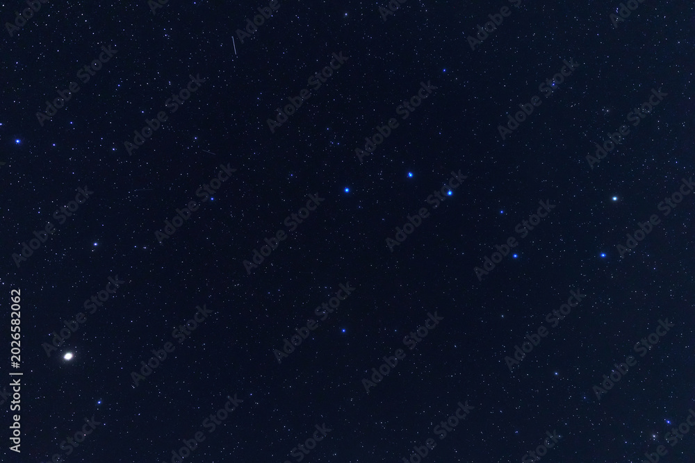 Fototapeta premium Constellations and Milky Way stars on a dark countryside skies.